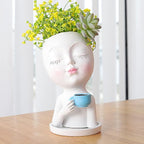 Face Planter Pot - Lady Face Flower Pot for Indoor & Outdoor Plants - Resin Succulent Planter with Drainage Hole, White