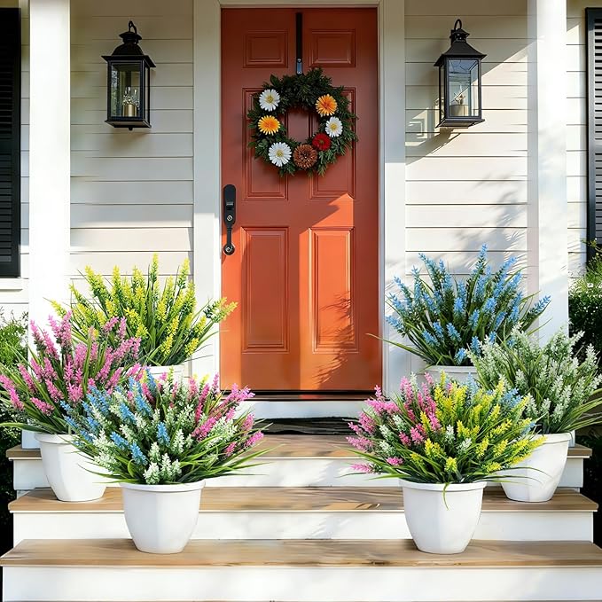 Geegoods Artificial Plants Flowers Outdoor – 24 Bundles UV Resistant Faux Lavender Flowers with Monkey Grass for Garden Porch Window Patio Hanging Planter Decor