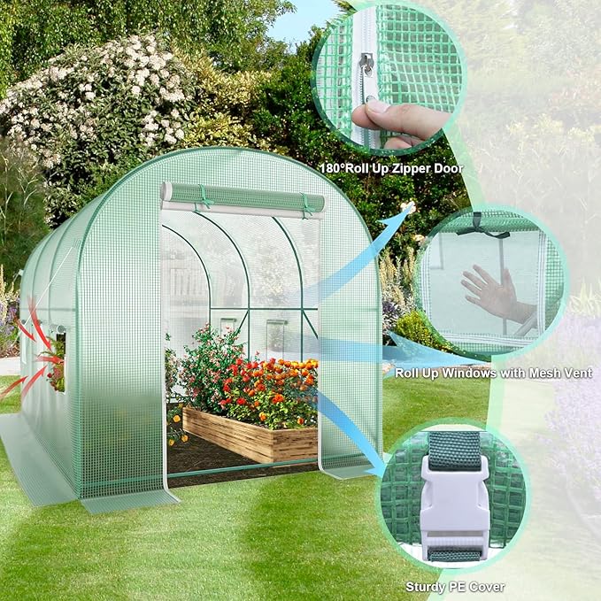 Walk-in Greenhouse, 10x7x7 FT Heavy Duty Tunnel Green House for Outdoors, Portable Green Houses for Outside, Winter Hot House with Metal Frame & Roll-up Zipper Door Screen Windows