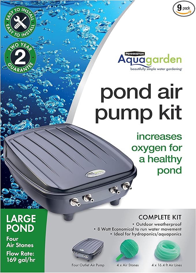 Aquagarden, Pond Air Pump Kit, Outdoor Weather Proof air Pump, Four Outlet Pond Oxygenator, Inc 4 Air Stones & 4 Air Lines, 169 gal/hr Flow Rate, Economical to Run, for Large Ponds