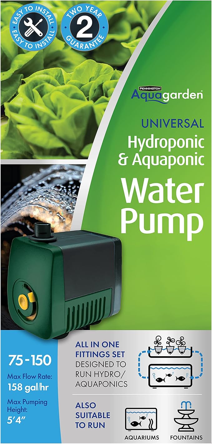 Pennington Aquagarden Aquagarden, Universal Hydroponic & Aquaponic Water Pump, Designed to Run Hydro/Aquaponic Systems, Aquariums, Fountains, Water Features, Max Flow 158 gal/hr, Max Pump Height 5’4”