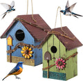 DoubleFill 2 Pcs Birdhouses for Outdoor Hanging Yard Outside Wooden Birdhouse Hand Painted Bird Box for Bird Lovers Bluebird Tree Garden Decor Decorative Birdhouse(Red,Blue,Wooden Roof)