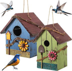 DoubleFill 2 Pcs Birdhouses for Outdoor Hanging Yard Outside Wooden Birdhouse Hand Painted Bird Box for Bird Lovers Bluebird Tree Garden Decor Decorative Birdhouse(Red,Blue,Wooden Roof)