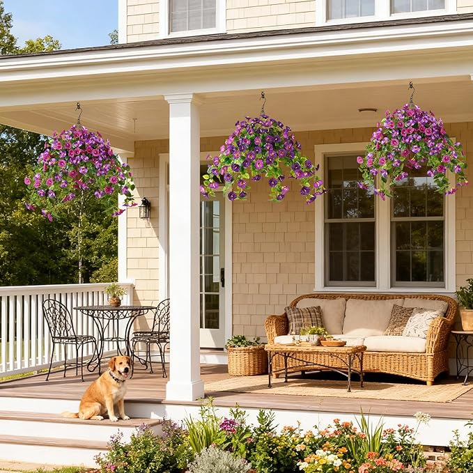 Homsunny Artificial Hanging Fake Flowers with Basket Plants for Outdoor Decoration, Faux Silk Flower UV Resistant Morning Glory for Home Porch Patio Garden Balcony Yard Look Real (Light Purple)