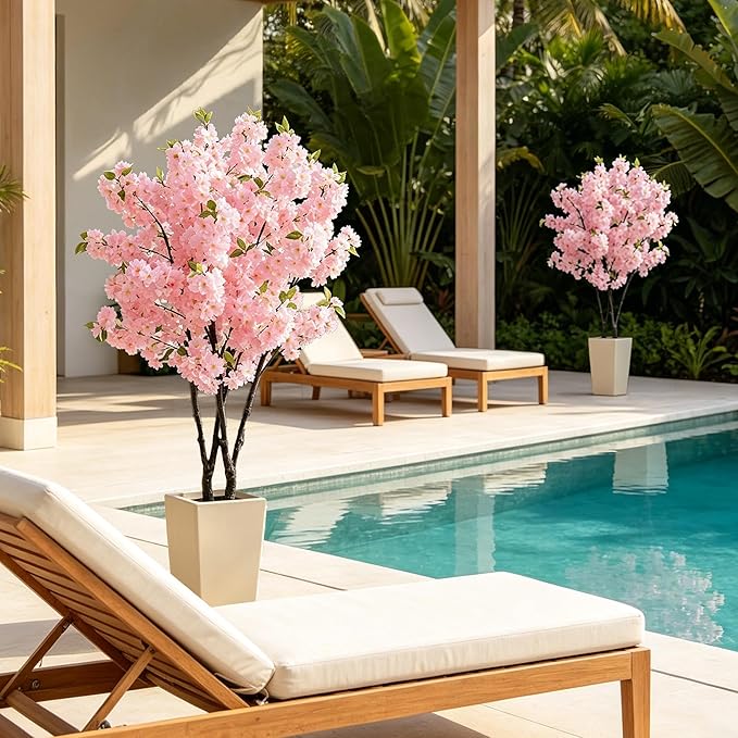 BLOSMON Cherry Blossom Tree for Porch: 5ft Pink Fake Flowers Artificial Tree with Tall Planter for Outdoor Decorations - Faux Sakura Plants for Indoor Home Living Room