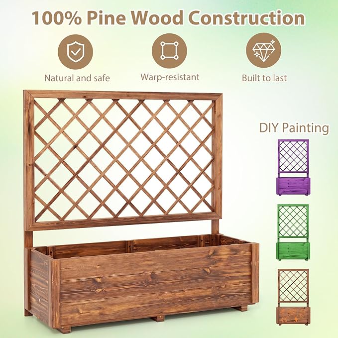 Giantex Raised Garden Bed with Trellis, 39”x14”x40” Wood Elevated Planter Box w/Drainage Hole for Climbing Vine Flower Herb Vegetable Fruit, Planting Container for Indoor Outdoor Patio Balcony