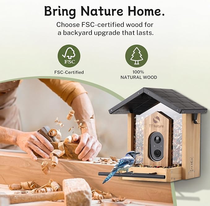 TT Nature Bird Feeder with Camera, Upgraded 1.5L Smart Birdhouse Al Identify for 10000 Plus Species, Auto Capture & Real-time Notifications, Ideal Gift for Bird Lovers (Iron Roof)