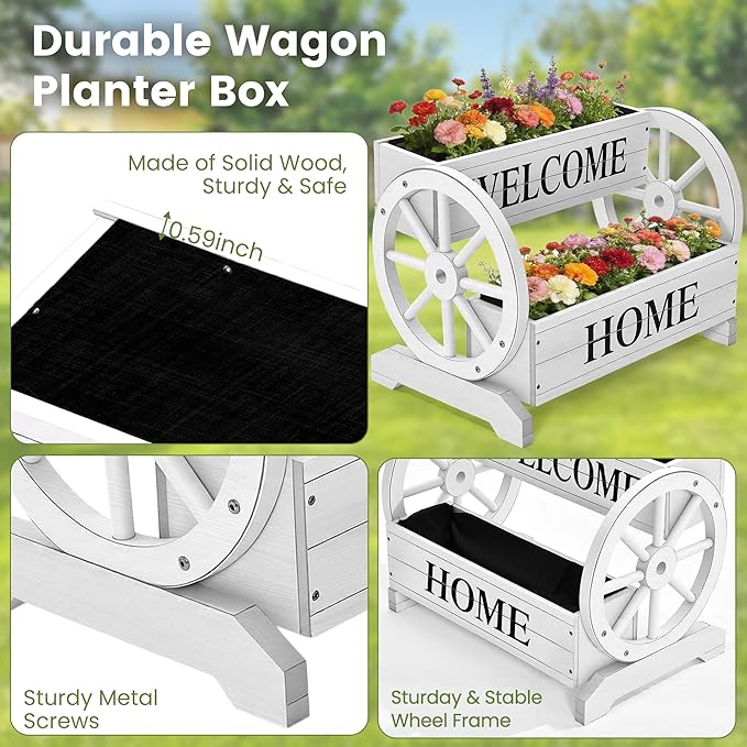 2-Tier Wooden Wagon Planter Box, Extra Large Decorative Flower Cart with Wheels, Washed White Rustic Wood Planter with Drainage Holes & Non-Woven Liner, Raised Bed for Flowers Herbs Vegetables