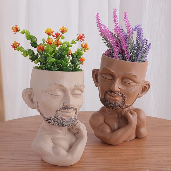 Unique Plant Pots Face Planters, Funny Plant Pots Head Planter, Men Face Planters Pots Head, Beefcake Face Vase with Drainage Hole (Brown)