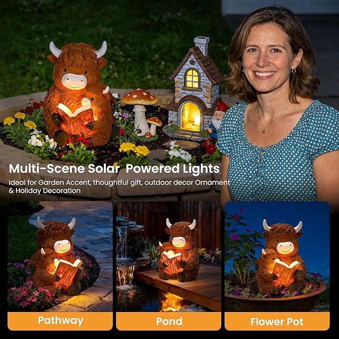 GIGALUMI Solar Highland Cow Decor 8" Garden Statue, Outdoor Decor, Decoration with Light for Patio Yard Lawn Balcony, Christmas/Birthday Gifts for Mom Women