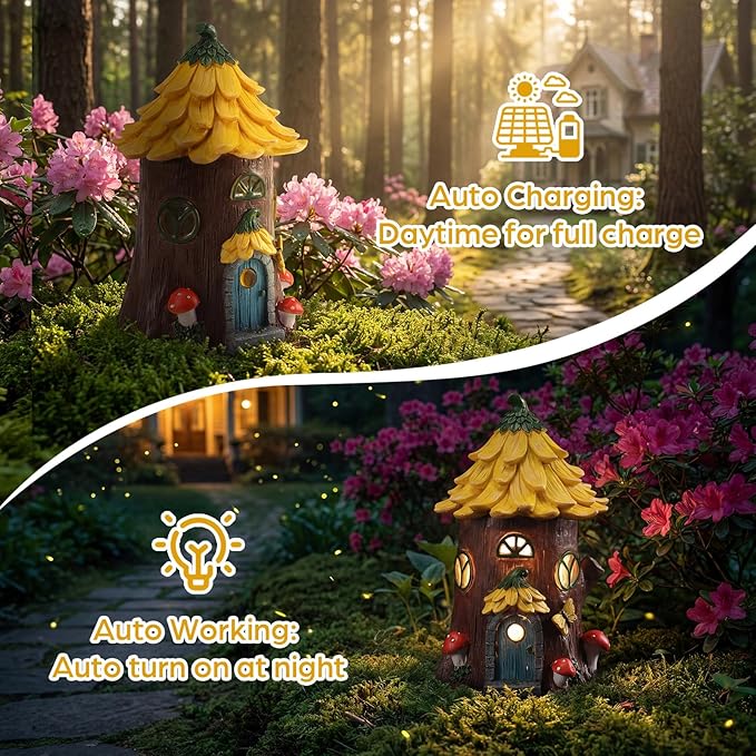 Lavezee Fairy House Outdoor Figurine Lights for Garden Decor, Fairy Garden Houses for Front Porch Patio Backyard Yard Decoration, Birthday Gifts for Mom Women