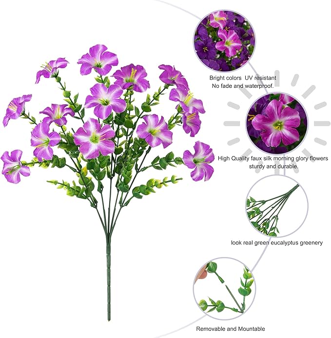 Artificial Flowers for Outdoors Decoration, 20 Bundles Faux Morning Glory with Eucalyptus Look Real UV Resistant Fake Plants Silk Flowers for Outside Yard Gardens Porch Patio Planter Home Urn, Mix