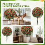 Lunmon 2 Pack 24" Artificial Topiary Ball Plants Trees with Flowers, Outdoor Fake Topiary Plants with Ground Spike, UV Resistant Faux Bushes for Indoor Outdoor Front Door Decor(Red,Rose)