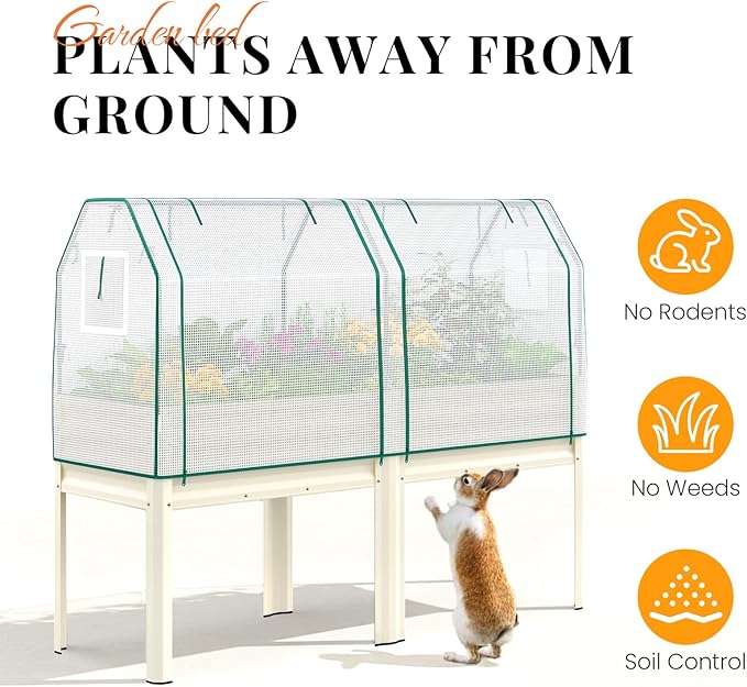 KING BIRD Large Raised Garden Bed with Cover Galvanized Elevated Planter Box with Legs 72×23×55 in for Backyard, Patio, Balcony, 700lb Capacity, Beige