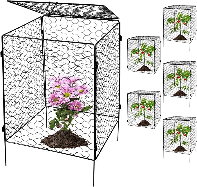 Kalolary 5 Packs Plant Protectors with Cover from Animals, 20''Large Square Wire Plant Cage Metal Garden Plant Protection Chicken Wire Cloche for Plant Flowers Vegetable (20'' x12.6''x 12'')