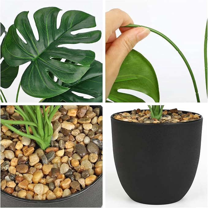 Briful Lush Artificial Monstera Plant - Realistic Green Leaves, Stylish Black Pot, 14.9-Inch Tall, Fake Plants for Home & Office Farmhouse Wedding Decor