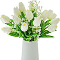 Mandy's White Artificial Tulips Flowers Centerpiece, 13.5" Lifelike PU Fake Floral Stems 20pcs and 3pcs White Baby's Breath for Kitchen Island & Dining Table, Spring Decor for Easter
