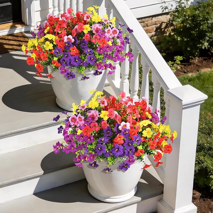 INQCMY Artificial Fake Petunias Flowers for Outdoors Spring Summer Decoration, 12 Bundles Faux Plants Outdoor UV Resistant Realistic Silk Flower for Outside Planters Patio Porch Yard Window Box