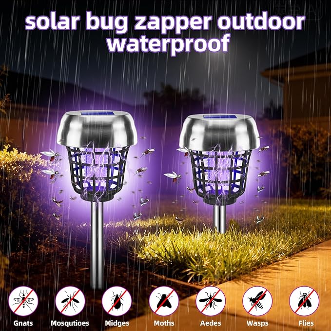 2026 Solar Bug Zapper Outdoor Waterproof Mosquito Repellent Outdoor Patio Mosquito Trap & Killer for Backyard, Farm, Garden, Solar Powered Fly Zapper for Small Flying Insect, Flies, Gnats, Moths(4)