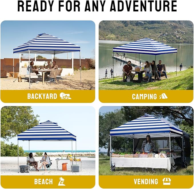 CROWN SHADES 10x10 Pop Up Canopy - Beach Tent with One Push Setup - Outdoor Sun Shade for Events, Parties, Camping - STO-N-Go Cover Bag, Silver Coated Top, 3 Height& 4 Sand Bags, Navy Blue Stripes