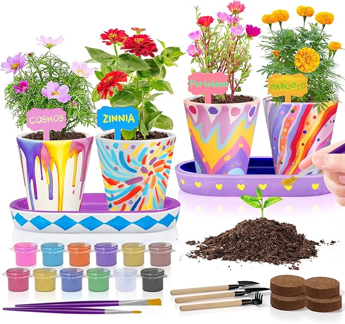 4 Set Paint & Plant Flower Gardening Kit - Gifts for Girls Ages 8-12, Arts and Crafts for Kids Ages 8-12, Kids Gardening Set, Toys Birthday Easter Gifts for Kids Girls Boys Ages 6 7 8 9 10 11 12