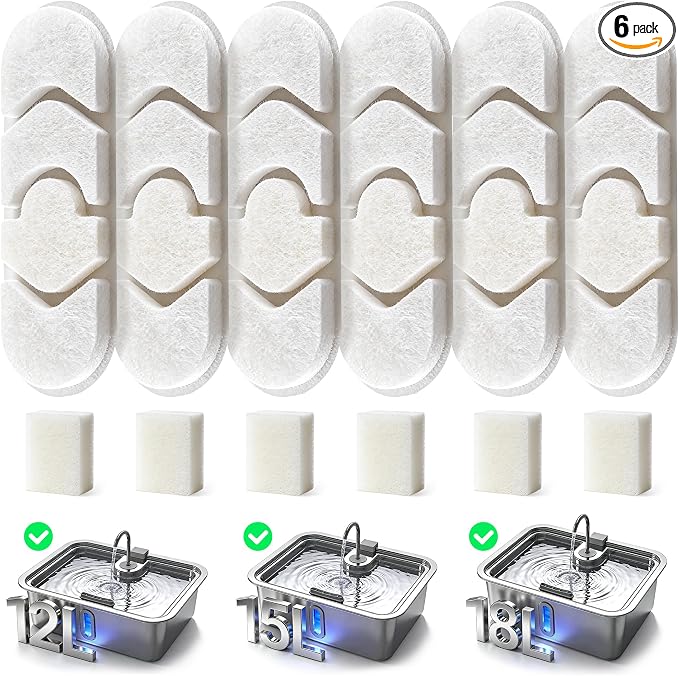 Dog Water Fountain Filter 6-Pack + 6 Sponges, 12L/15L/18L Dog Water Bowl Dispenser, Stainless Steel Pet Water Fountain Filters Set for Dogs Cats