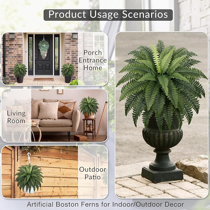 Fake Ferns - Set of 2 Faux Boston Ferns Large Artificial Plants, 40 Leaves per Bouquet, 35 Inches Large Artificial Ferns for Outdoors/Indoor Home, Office, Garden Decoration
