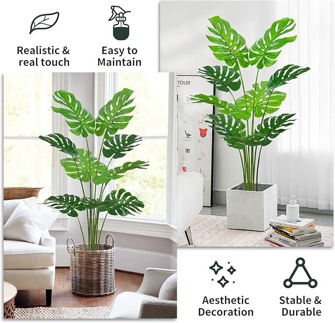 4FT Artificial Tree, Large Fake Monstera Deliciosa Plants with Real Touch Leaves,Faux Tropical Palm Trees for Home Room Decor Indoor Outdoor(1Pack)