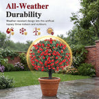 PATIO CHOICE Topiary Trees Artificial Outdoor Boxwood Ball Trees with Rose Set of 2 22" Fake Outdoor Plants Faux Bushes and Shrubs Decorations for Outdoor Indoor Front Porch Garden