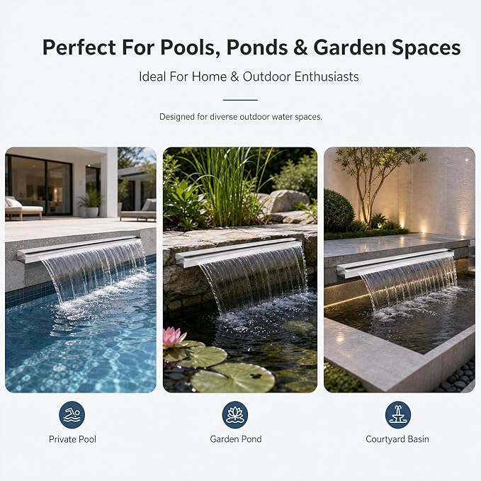 Stainless Steel Pool Fountain Waterfall Sheer Descent, 59 Inches Spillway for Swimming Pool, Outdoor Garden Pond, Patio & Backyard Water Feature Decoration(59")