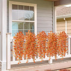 Hommyea Artificial Fall Fake Flowers for Outdoor, 2 Pcs Fake Mums Faux Hanging Flowers Outdoor Fall Decor, UV Resistant Silk Flower for Front Door Porch Planters Patio Yard Garden(Orange Sunset Red)