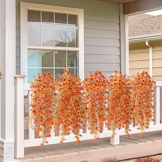 Hommyea Artificial Fall Fake Flowers for Outdoor, 2 Pcs Fake Mums Faux Hanging Flowers Outdoor Fall Decor, UV Resistant Silk Flower for Front Door Porch Planters Patio Yard Garden(Orange Sunset Red)