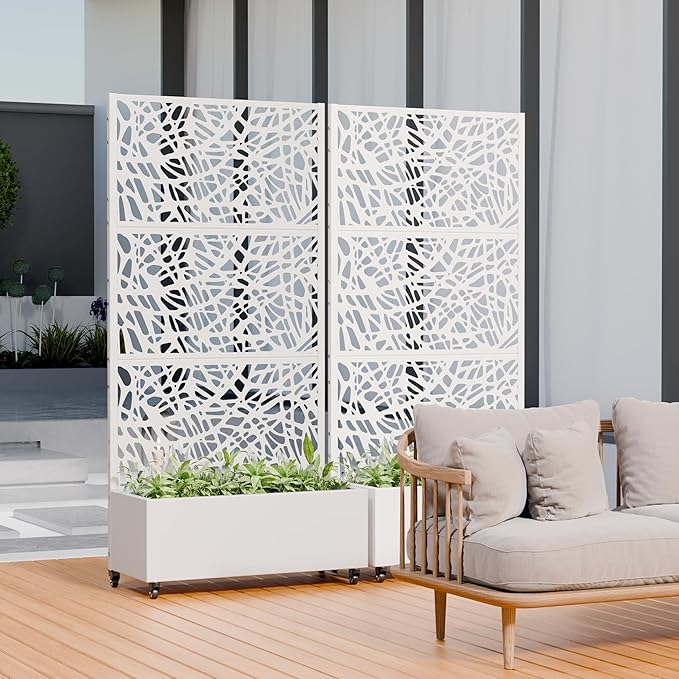 Casaphoria Metal Raised Garden Bed with Trellis and Wheels, 72"x35"x16" Planter Box for Climbing Plants, Vegetables & Vines, Features Drainage Holes and Privacy Screen, White-Net