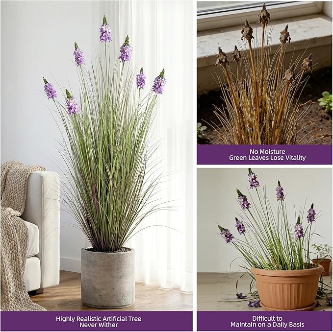 Artificial Plants Indoor Tall Grass Plants with Lilac Flower 47.2InTall Artificial Ornamental Grass Green Onions Outdoor Fake Plants with Black Pot Home Office Decorative (1 Pack,Purple)