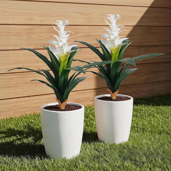 Ivydale Fake Flowers Plants for Outdoors, 2 Pcs 16.93" Bromeliad Artificial Flowers Uv Resistant Realistic Faux Flowers for Outdoor Planters Outside Porch Patio Yard Garden Indoor Decoration(White)