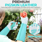 HANDLANDY Long Gardening Gloves for Men & Women, Thorn Proof Rose Pruning Gloves Leather Gauntlets Garden Glove Yard Work Glove (Teal Green, X-Small)
