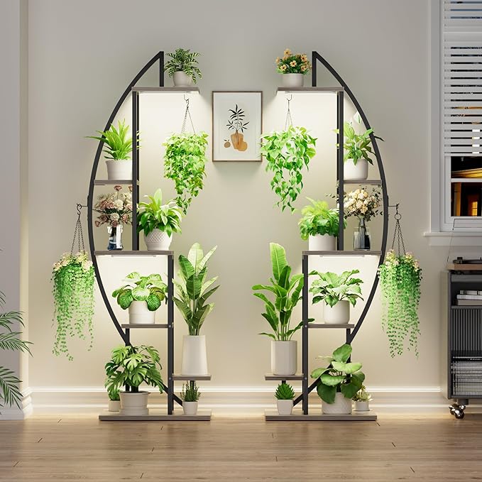 BACEKOLL Plant Stand Indoor with Grow Lights, 6 Tiered Tall Plant Shelf, 63" Metal Plant Stand for Indoor Plants Multiple, Half-Moon Plant Rack Display Shelf, 2 Pcs Plant Holder for Living Room, Grey