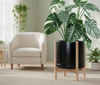 D'vine Dev Ceramic Planter with Natural Stand - 14 Inch Modern Round Flower Pot with Wood Planter Holder, Black, 55-B-R-2