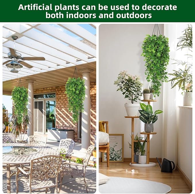RECUTMS Fake Hanging Plants 2Pcs Outdoor Greenery Artificial Hanging Flower for Outdoors Hanging Basket Artificial Hanging Plants Plastic Home Garden Wedding Party Shelf Aesthetic Decorations(Green)