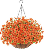 Artificial Flowers Hanging Plants in Basket, Artificial Hanging Flowers for Spring Outdoor Indoor Decor, UV Resistant Hanging Baskets with Fake Flowers for Spring Summer Patio Garden Porch Decor