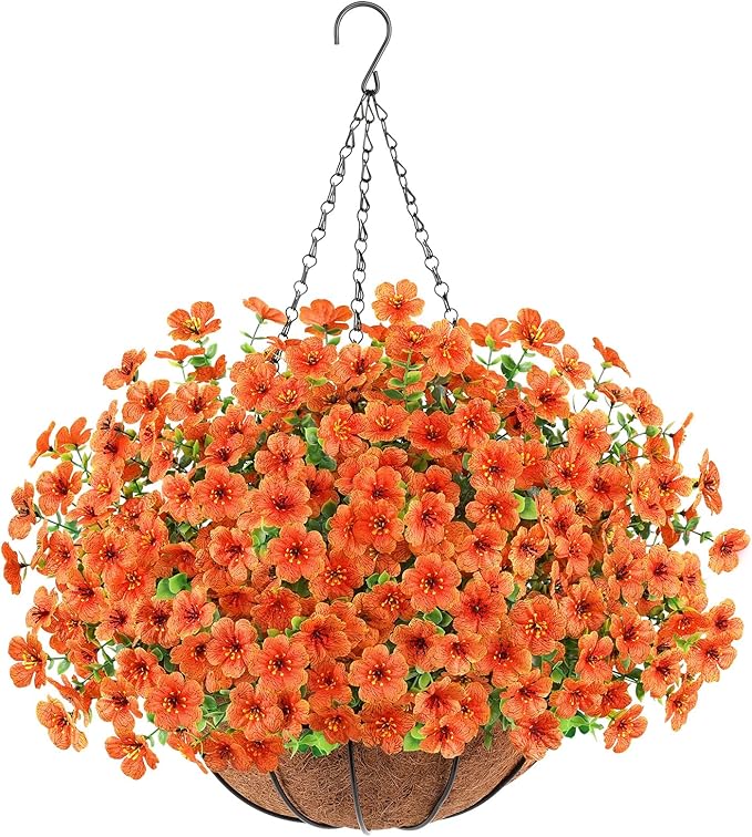 Artificial Flowers Hanging Plants in Basket, Artificial Hanging Flowers for Spring Outdoor Indoor Decor, UV Resistant Hanging Baskets with Fake Flowers for Spring Summer Patio Garden Porch Decor