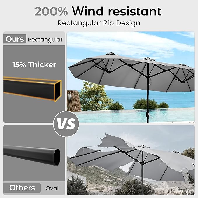 DomeShade 15ft Patio Umbrella with Base,Large Outdoor Double-Sided Rectangle Umbrella with Crank Handle, Market Umbrella for Poolside Garden Deck Backyard Beach Pools, Gray