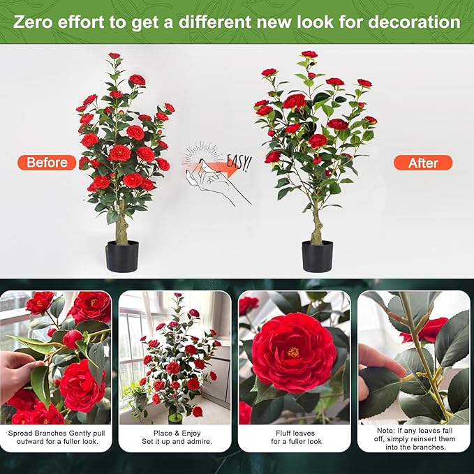Artificial Camellia Tree 2 Pack, 3FT Faux Camellia Plant in Pot, 36 inch Fake Potted Camellia Flower Tree Plastic Camellia Tree for Modern Home Office Christmas Living Room Floor Decor Indoor, Red