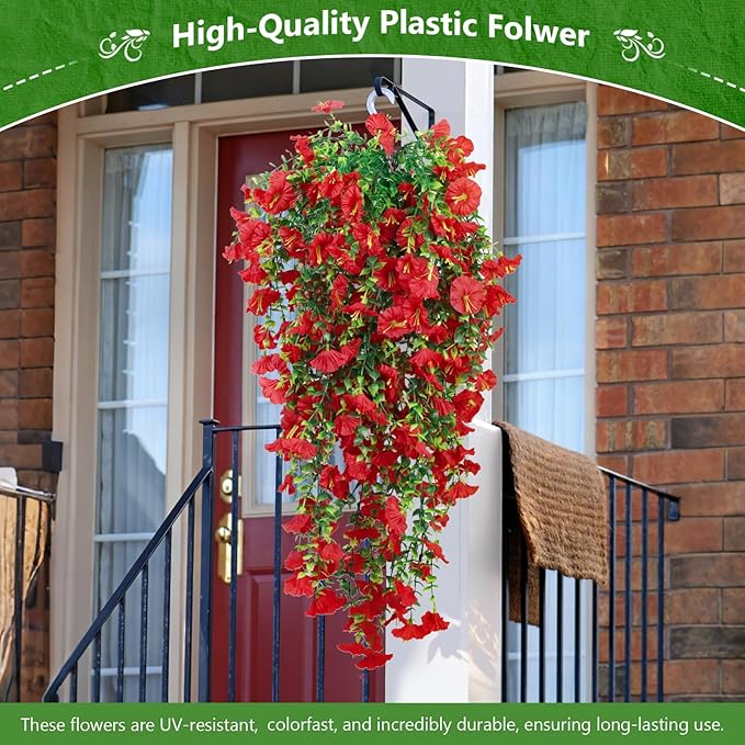 4-Pack Fake Hanging Plants, Faux Hanging Plant Artificial Greenery for Living Room Bedroom Boho Wall Shelf Indoor Outdoor Decor (Red Morning Glory)