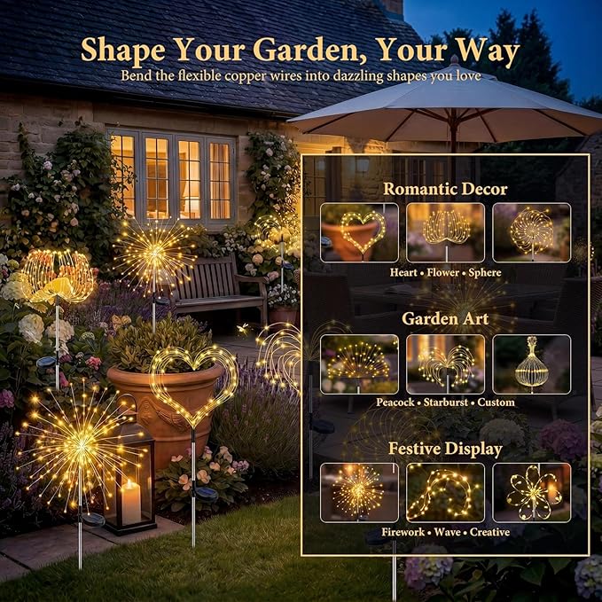 Solar Firework Lights, 8 Pack 120 LEDs 8 Lighting Modes Twinkle Solar Garden Lights Outdoor Waterproof for Yard Patio Walkway Pathway Party Wedding Balcony Decorative - Gifts for Women Mom