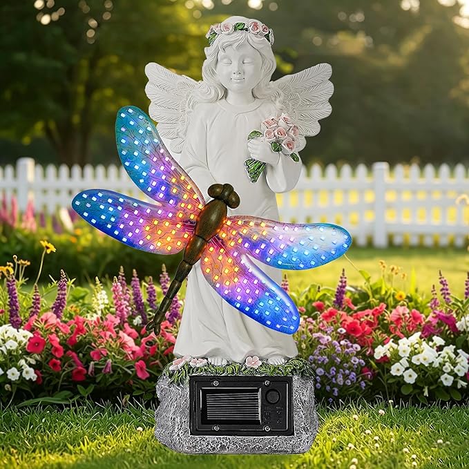 Starryfill Solar Angel Garden Statue with Color Changing Dragonfly Lights - 12 Inch Hand-Painted Resin Figurine, Auto Dusk-to-Dawn Waterproof Outdoor Decor for Patio, Yard, Lawn, Memorial Mother Gift