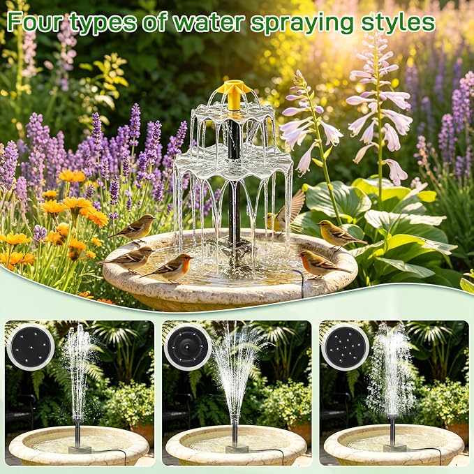Solar Water Fountain, Upgrade Solar Fountain Pump Kit with 4 Nozzles & 9.94ft Cable, Outdoor 2w Solar Fountain for Bird Bath, Garden, Pool, Pond