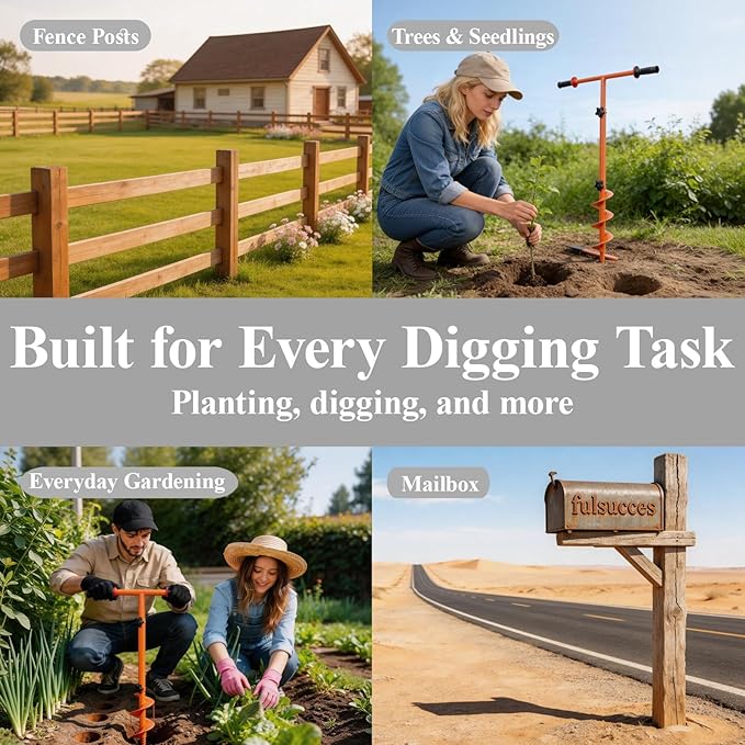 2026 Hand Auger Post Hole Digger Kit – 25.5×40in Manual Auger Post Hole Digger with 3.95" & 5.9" Auger, Fence Post Digger, Garden Hole Digger Tool for Bulbs, Trees, Plants, Umbrella, Fence Posts