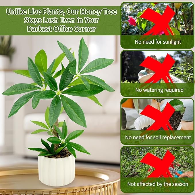Small Money Tree Bonsai 15.2inch Artificial Desk Plant in White Ceramic Pot, Realistic Indoor Faux Potted Pachira Money Plant for Home Office Living Room Decor(Maintenance Free)