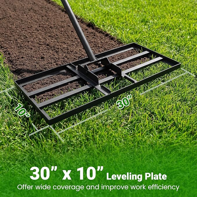 Goplus Lawn Leveling Rake, 30" x 10" Heavy Duty Level Lawn Tool w/ Ergonomic Handle for Soil, Effort-Saving Landscape Rake for Garden, Backyard, Golf Course, Farm, Pasture (Black)